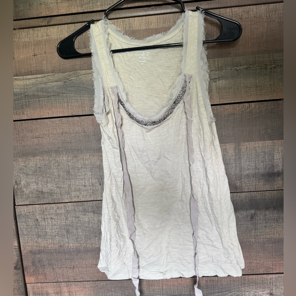 LOFT Cream Sleeveless Ruched Tie Back Tank with Beaded Neckline